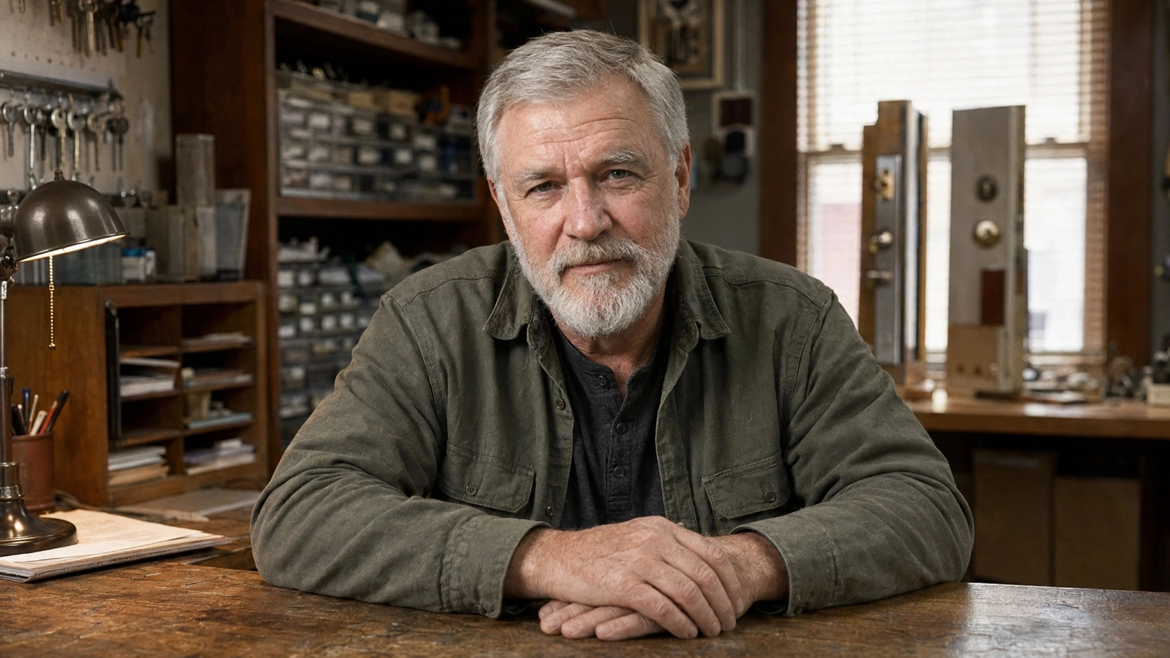Frank Bennett seated at his workshop desk